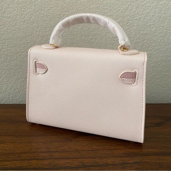 HOUSE OF HELLO Epsom Light Pink Leather Gold Satchel Bag Crossbody Dual Strap B4 - Picture 4 of 11